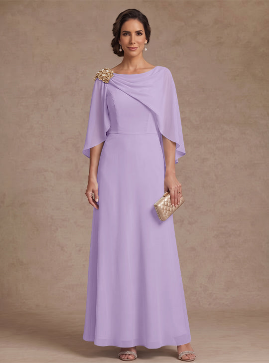 A-Line/Princess Boat Neck Chiffon Mother of the Bride Dresses Cape Sleeves Ankle-Length Rhinestone