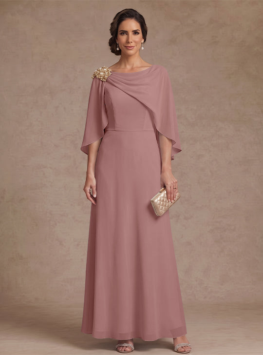 A-Line/Princess Boat Neck Chiffon Mother of the Bride Dresses Cape Sleeves Ankle-Length Rhinestone