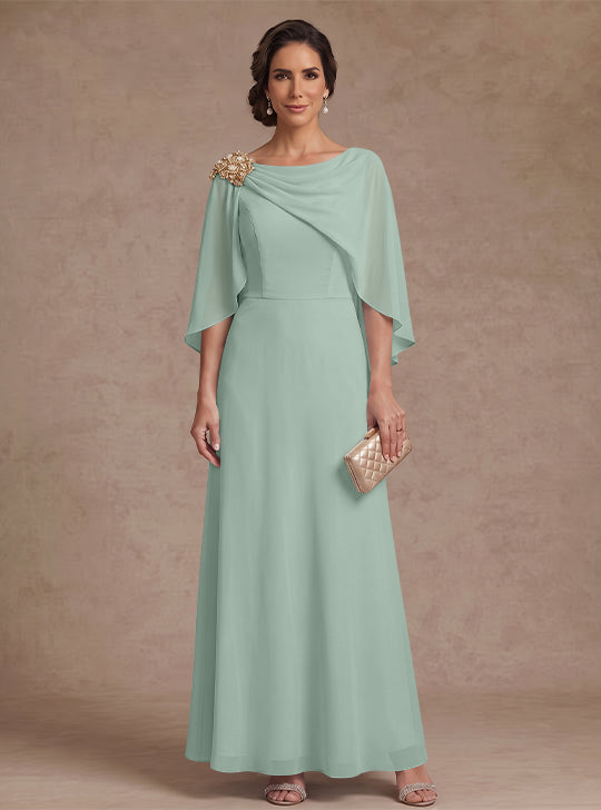 A-Line/Princess Boat Neck Chiffon Mother of the Bride Dresses Cape Sleeves Ankle-Length Rhinestone