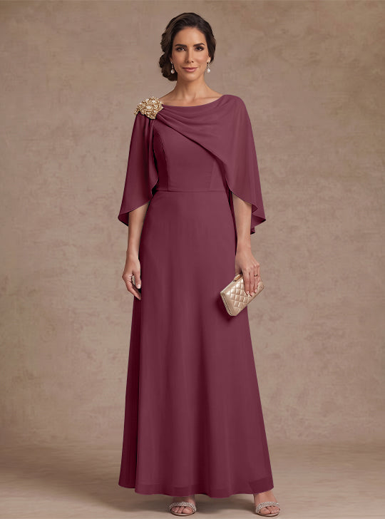 A-Line/Princess Boat Neck Chiffon Mother of the Bride Dresses Cape Sleeves Ankle-Length Rhinestone