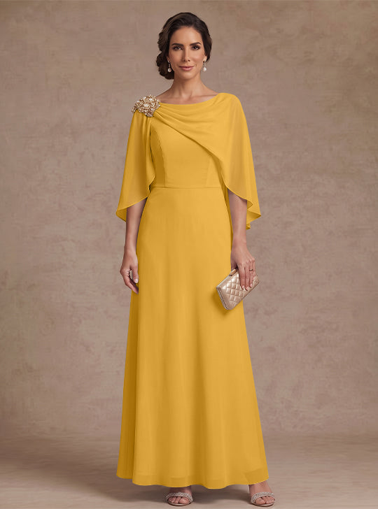 A-Line/Princess Boat Neck Chiffon Mother of the Bride Dresses Cape Sleeves Ankle-Length Rhinestone