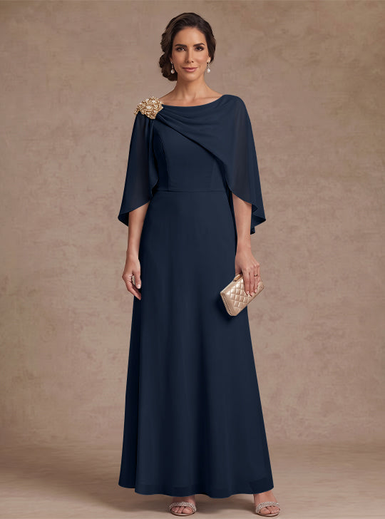 A-Line/Princess Boat Neck Chiffon Mother of the Bride Dresses Cape Sleeves Ankle-Length Rhinestone