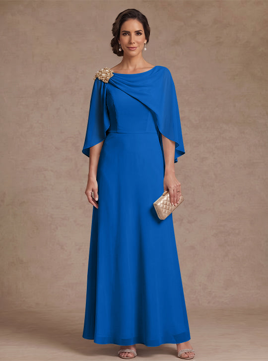 A-Line/Princess Boat Neck Chiffon Mother of the Bride Dresses Cape Sleeves Ankle-Length Rhinestone