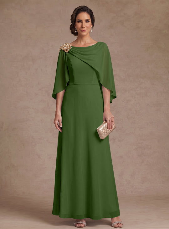 A-Line/Princess Boat Neck Chiffon Mother of the Bride Dresses Cape Sleeves Ankle-Length Rhinestone
