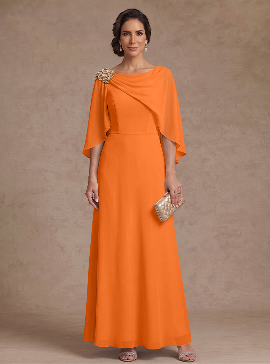 A-Line/Princess Boat Neck Chiffon Mother of the Bride Dresses Cape Sleeves Ankle-Length Rhinestone