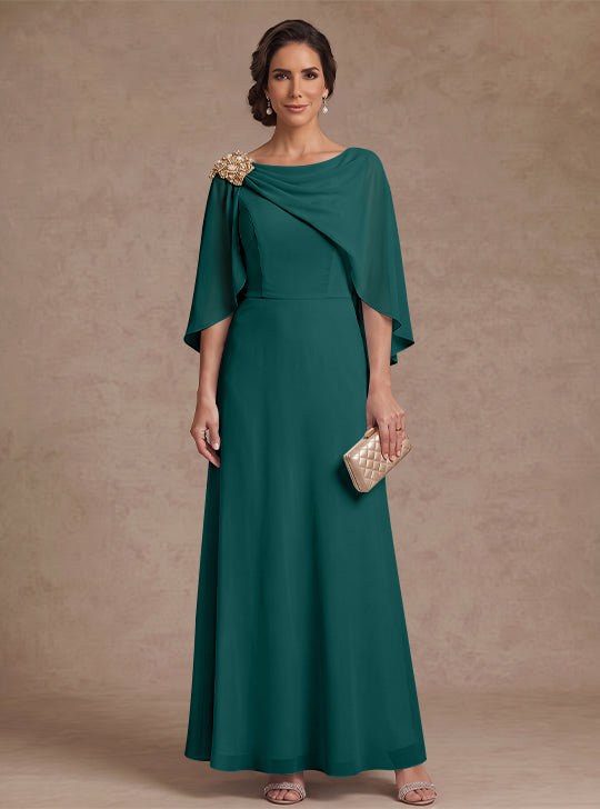 A-Line/Princess Boat Neck Chiffon Mother of the Bride Dresses Cape Sleeves Ankle-Length Rhinestone