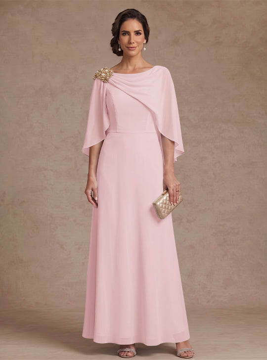 A-Line/Princess Boat Neck Chiffon Mother of the Bride Dresses Cape Sleeves Ankle-Length Rhinestone