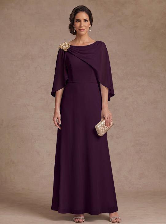 A-Line/Princess Boat Neck Chiffon Mother of the Bride Dresses Cape Sleeves Ankle-Length Rhinestone