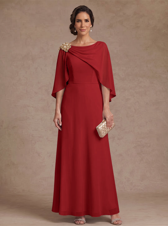 A-Line/Princess Boat Neck Chiffon Mother of the Bride Dresses Cape Sleeves Ankle-Length Rhinestone