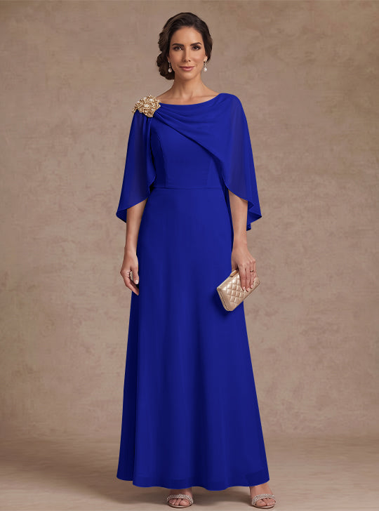 A-Line/Princess Boat Neck Chiffon Mother of the Bride Dresses Cape Sleeves Ankle-Length Rhinestone