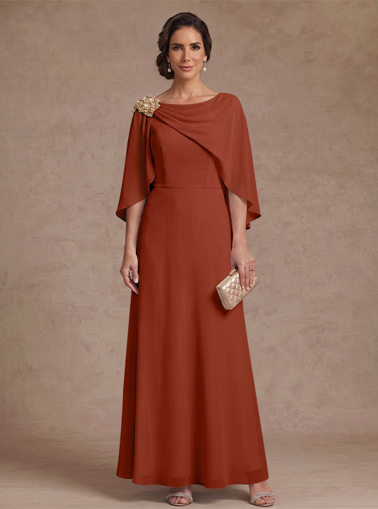 A-Line/Princess Boat Neck Chiffon Mother of the Bride Dresses Cape Sleeves Ankle-Length Rhinestone