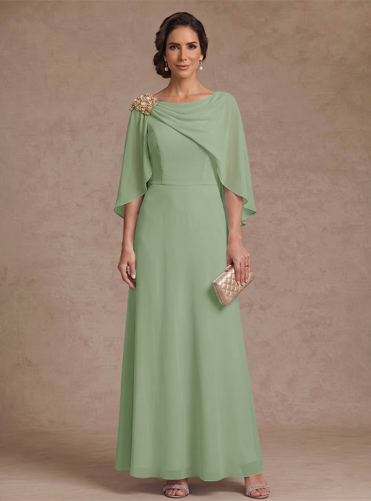 A-Line/Princess Boat Neck Chiffon Mother of the Bride Dresses Cape Sleeves Ankle-Length Rhinestone
