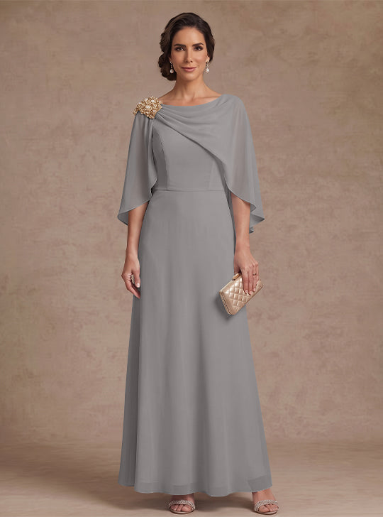 A-Line/Princess Boat Neck Chiffon Mother of the Bride Dresses Cape Sleeves Ankle-Length Rhinestone