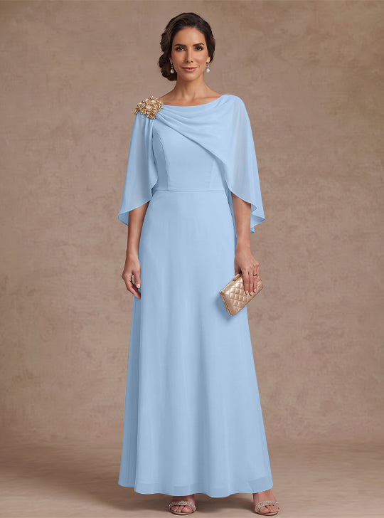 A-Line/Princess Boat Neck Chiffon Mother of the Bride Dresses Cape Sleeves Ankle-Length Rhinestone