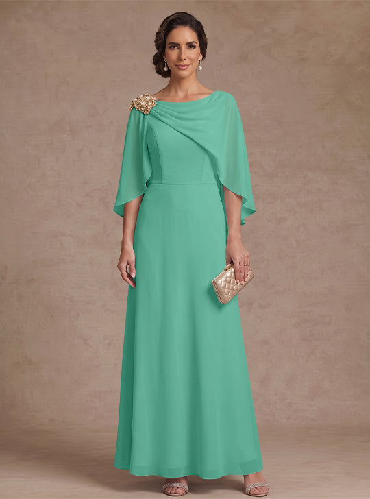 A-Line/Princess Boat Neck Chiffon Mother of the Bride Dresses Cape Sleeves Ankle-Length Rhinestone
