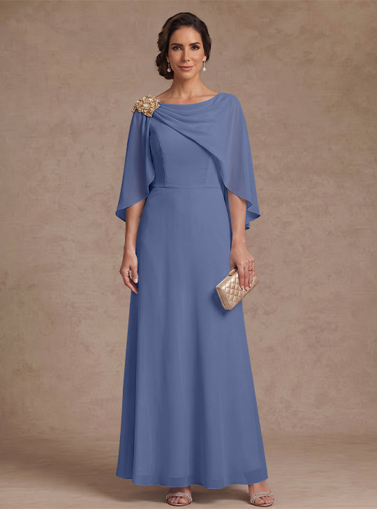 A-Line/Princess Boat Neck Chiffon Mother of the Bride Dresses Cape Sleeves Ankle-Length Rhinestone