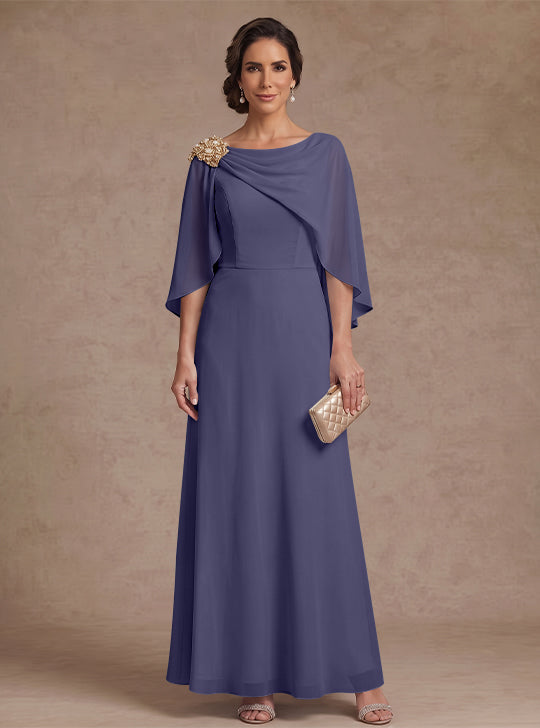 A-Line/Princess Boat Neck Chiffon Mother of the Bride Dresses Cape Sleeves Ankle-Length Rhinestone