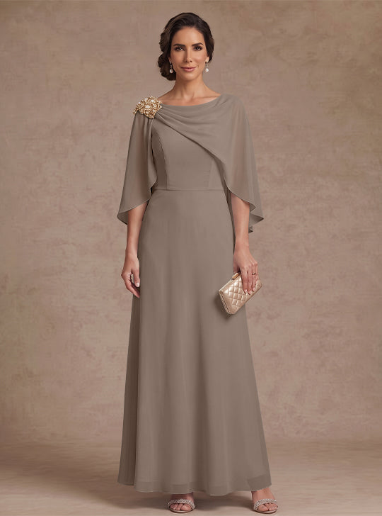 A-Line/Princess Boat Neck Chiffon Mother of the Bride Dresses Cape Sleeves Ankle-Length Rhinestone