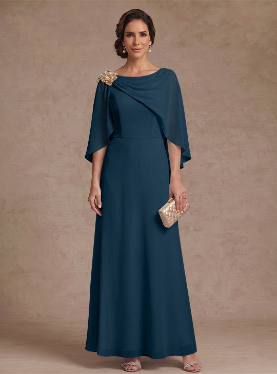 A-Line/Princess Boat Neck Chiffon Mother of the Bride Dresses Cape Sleeves Ankle-Length Rhinestone