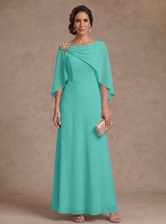 A-Line/Princess Boat Neck Chiffon Mother of the Bride Dresses Cape Sleeves Ankle-Length Rhinestone