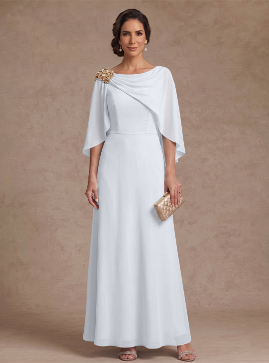 A-Line/Princess Boat Neck Chiffon Mother of the Bride Dresses Cape Sleeves Ankle-Length Rhinestone