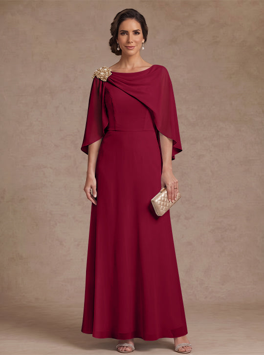 A-Line/Princess Boat Neck Chiffon Mother of the Bride Dresses Cape Sleeves Ankle-Length Rhinestone