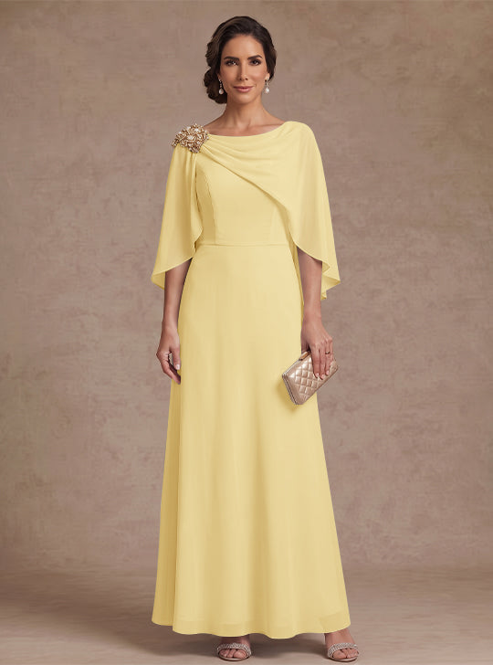 A-Line/Princess Boat Neck Chiffon Mother of the Bride Dresses Cape Sleeves Ankle-Length Rhinestone
