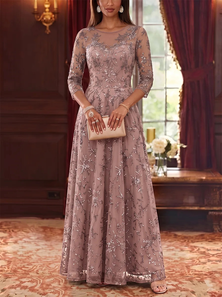A-Line/Princess Scoop Mother of the Bride Dresses Lace Sequins 3/4 Sleeves Floor Length