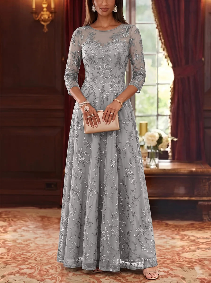 A-Line/Princess Scoop Mother of the Bride Dresses Lace Sequins 3/4 Sleeves Floor Length