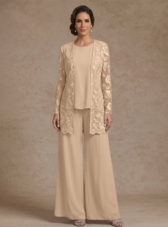 3 Pieces Chiffon Scoop Mother of the Bride Pantsuits with Jacket Lace Floral Ankle-Length Long Sleeves