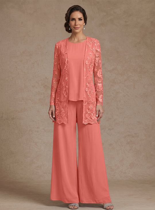 3 Pieces Chiffon Scoop Mother of the Bride Pantsuits with Jacket Lace Floral Ankle-Length Long Sleeves