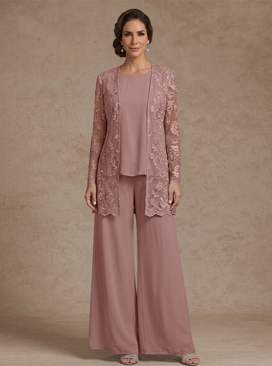 3 Pieces Chiffon Scoop Mother of the Bride Pantsuits with Jacket Lace Floral Ankle-Length Long Sleeves