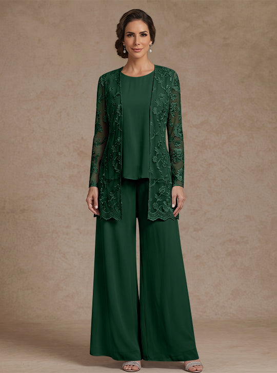 3 Pieces Chiffon Scoop Mother of the Bride Pantsuits with Jacket Lace Floral Ankle-Length Long Sleeves