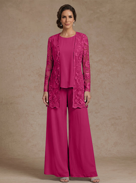 3 Pieces Chiffon Scoop Mother of the Bride Pantsuits with Jacket Lace Floral Ankle-Length Long Sleeves