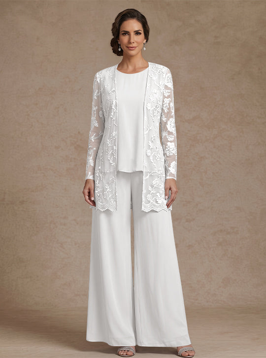 3 Pieces Chiffon Scoop Mother of the Bride Pantsuits with Jacket Lace Floral Ankle-Length Long Sleeves