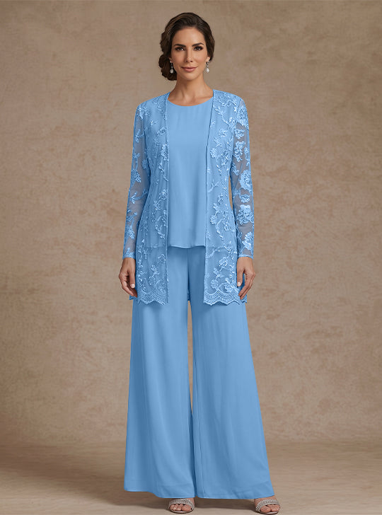 3 Pieces Chiffon Scoop Mother of the Bride Pantsuits with Jacket Lace Floral Ankle-Length Long Sleeves