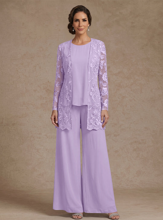 3 Pieces Chiffon Scoop Mother of the Bride Pantsuits with Jacket Lace Floral Ankle-Length Long Sleeves