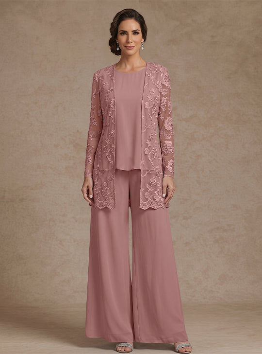 3 Pieces Chiffon Scoop Mother of the Bride Pantsuits with Jacket Lace Floral Ankle-Length Long Sleeves