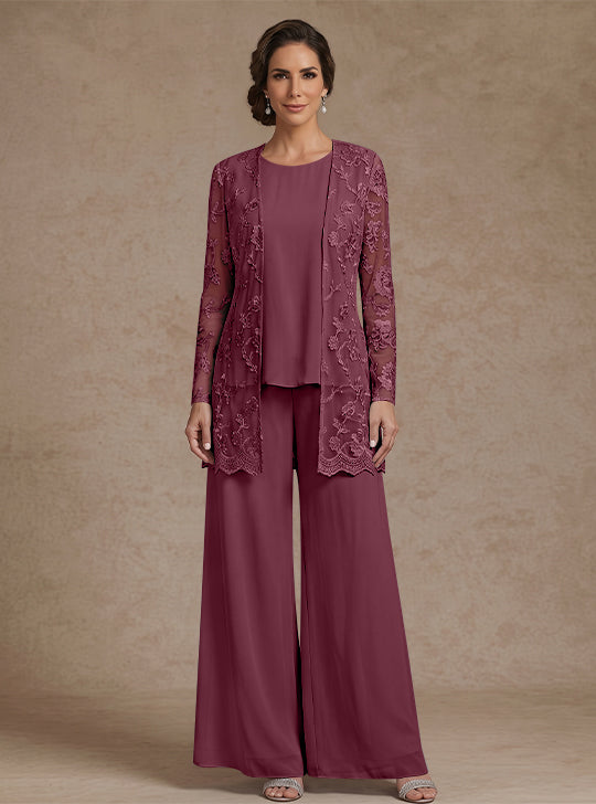 3 Pieces Chiffon Scoop Mother of the Bride Pantsuits with Jacket Lace Floral Ankle-Length Long Sleeves