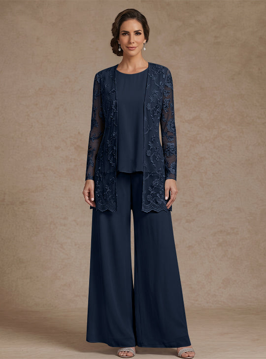 3 Pieces Chiffon Scoop Mother of the Bride Pantsuits with Jacket Lace Floral Ankle-Length Long Sleeves