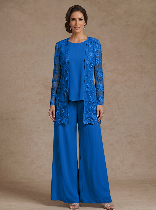 3 Pieces Chiffon Scoop Mother of the Bride Pantsuits with Jacket Lace Floral Ankle-Length Long Sleeves
