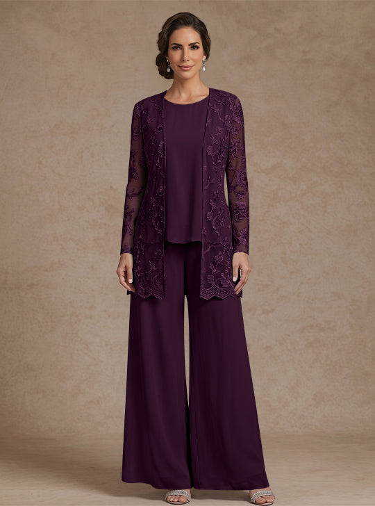 3 Pieces Chiffon Scoop Mother of the Bride Pantsuits with Jacket Lace Floral Ankle-Length Long Sleeves
