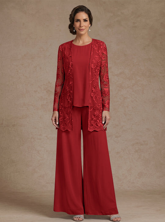 3 Pieces Chiffon Scoop Mother of the Bride Pantsuits with Jacket Lace Floral Ankle-Length Long Sleeves