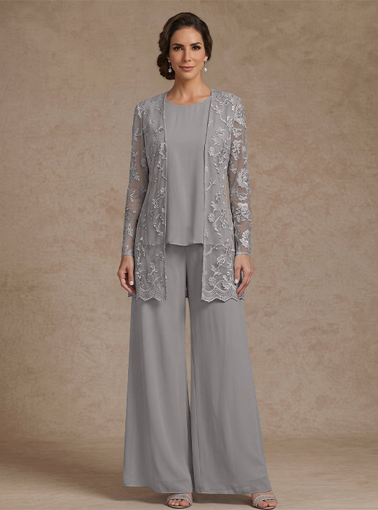 3 Pieces Chiffon Scoop Mother of the Bride Pantsuits with Jacket Lace Floral Ankle-Length Long Sleeves