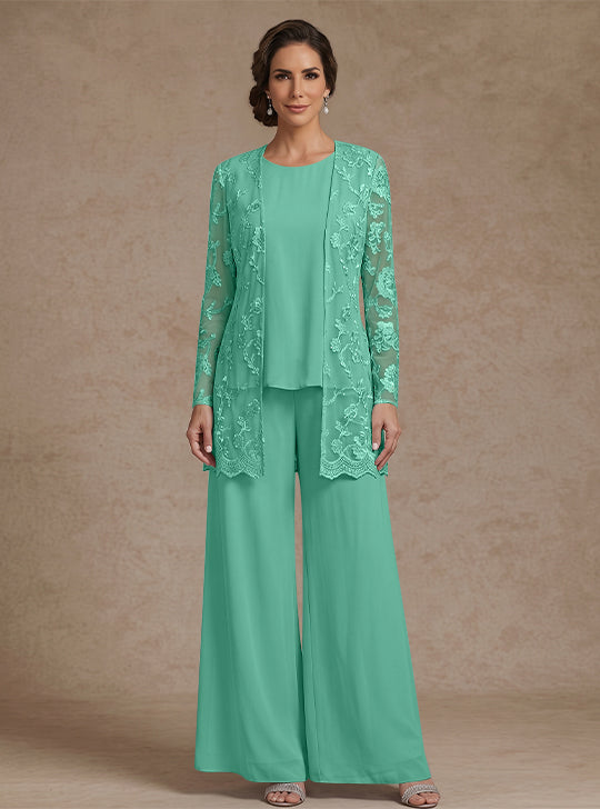 3 Pieces Chiffon Scoop Mother of the Bride Pantsuits with Jacket Lace Floral Ankle-Length Long Sleeves