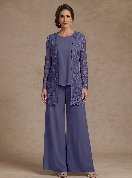 3 Pieces Chiffon Scoop Mother of the Bride Pantsuits with Jacket Lace Floral Ankle-Length Long Sleeves