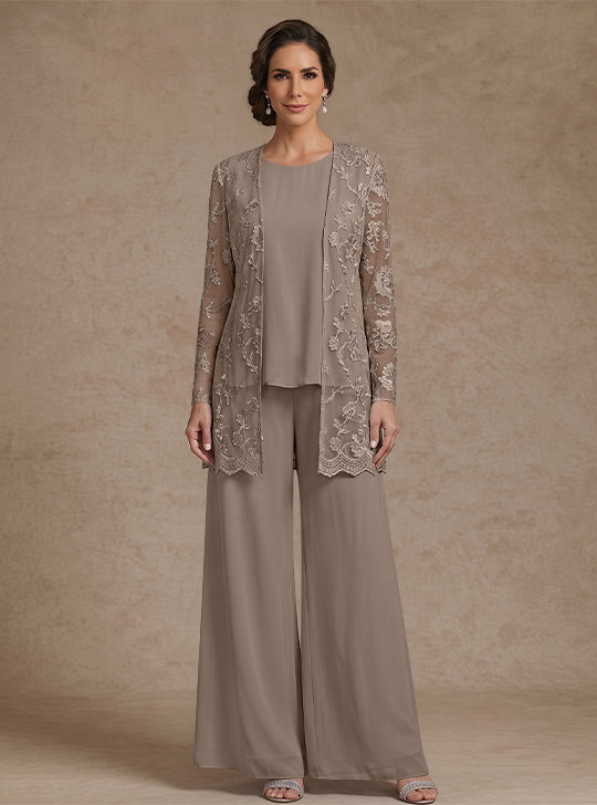 3 Pieces Chiffon Scoop Mother of the Bride Pantsuits with Jacket Lace Floral Ankle-Length Long Sleeves
