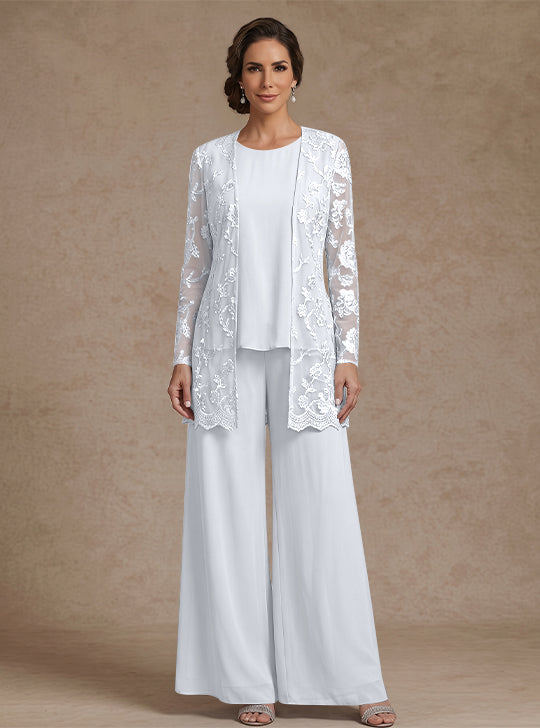 3 Pieces Chiffon Scoop Mother of the Bride Pantsuits with Jacket Lace Floral Ankle-Length Long Sleeves