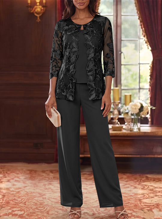 3 Pieces Chiffon Scoop Plus Size Mother of the Bride Pantsuits with Lace Floral Jacket Ankle-Length 3/4 Sleeves