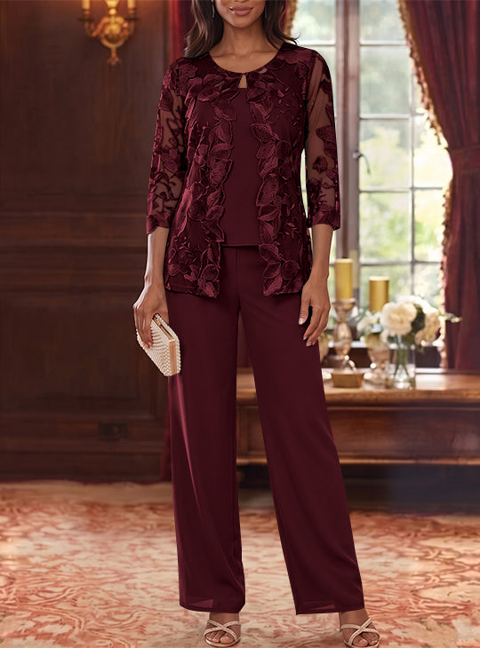 3 Pieces Chiffon Scoop Plus Size Mother of the Bride Pantsuits with Lace Floral Jacket Ankle-Length 3/4 Sleeves